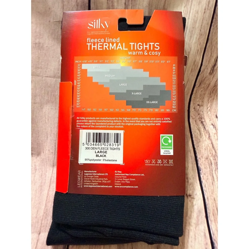 Silky Fleece Lined Thermal Tights 300 Denier Black Large Warm Cosy Winter Wear